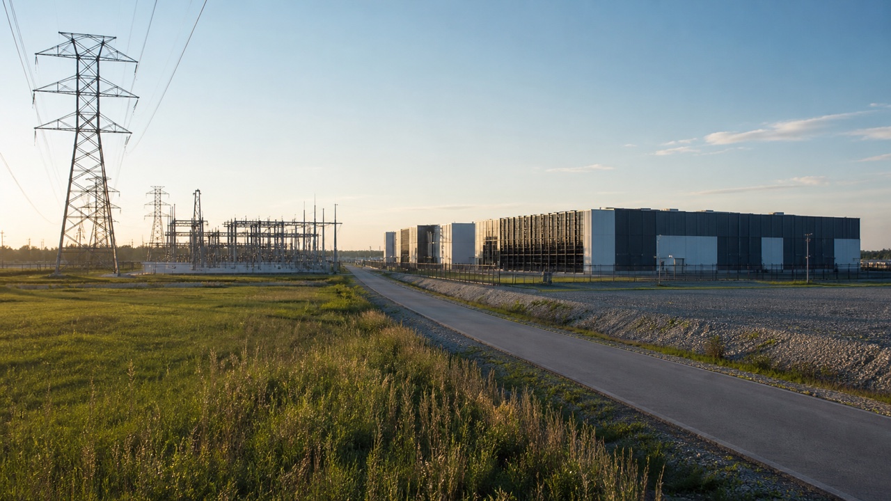 Power transmission lines and a substation leading across open land toward an anonymous modern data center.
